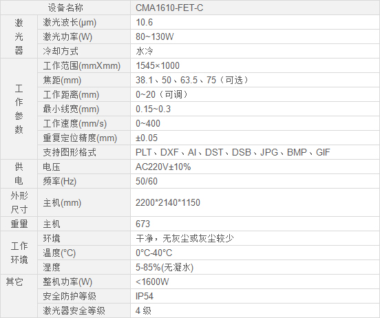 自动送料激光切割机性能参数